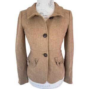 J.Crew Brown Wool Blend Tailored Jacket | Women’s Size 2 | Ruffle Pocket Detail